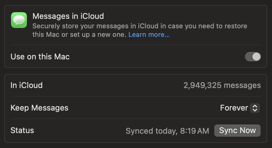 Messages iCloud sync status showing 2.9 Million messages