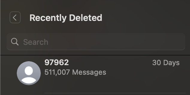 Recently Deleted screenshot showing 511,007 linked messages